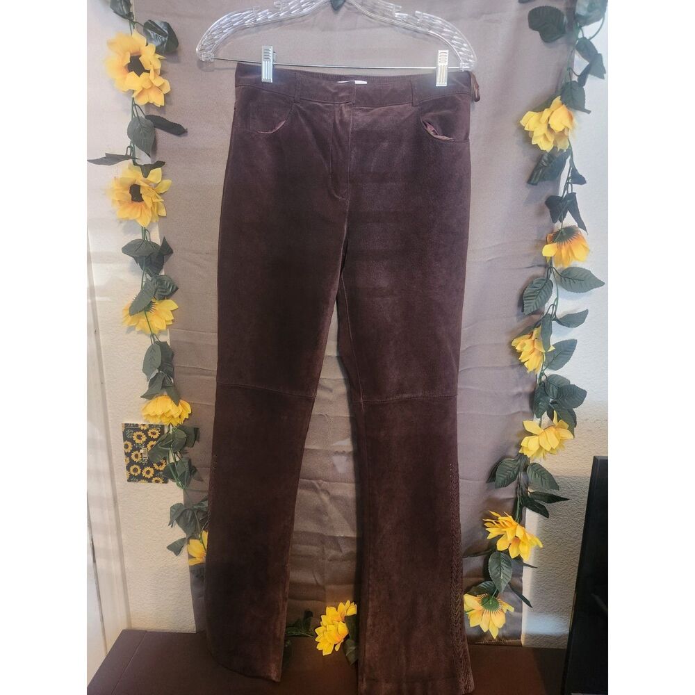 New Frontier Womens Brown Suede Leather Pants Western Flare Braided Hem Lined 2
